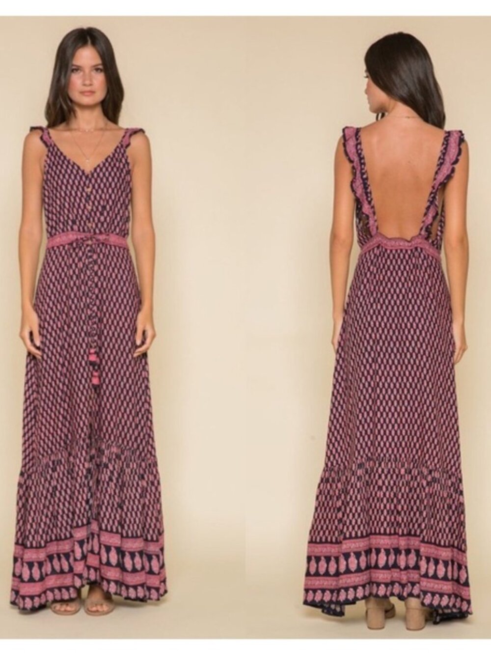 NWT Anthropologie Womens RAGA Avah Ruffle Strap Pattern Maxi Dress Small Boho